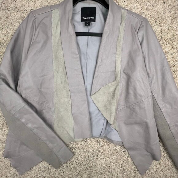 Trouve Leather Jacket Moto Biker Gray Solid Long Sleeve Open Front Genuine Small - Picture 1 of 12